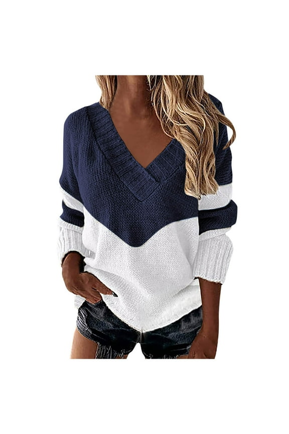 Womens Leopard Print Sweater V Neck Sweaters Knit Long Sleeve Jumper Sweater Color Block Ribbed Pullover for Women