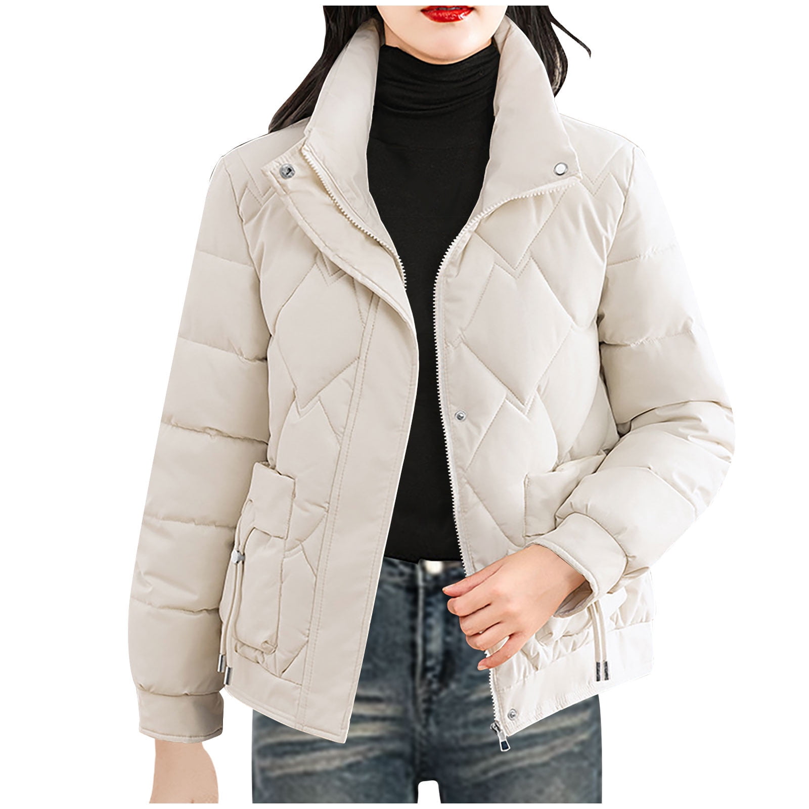 フリースジャケット   Short Hooded Puffer Jacket Women's Winter Puffer Jacket Long Sleeve Zip Puffer