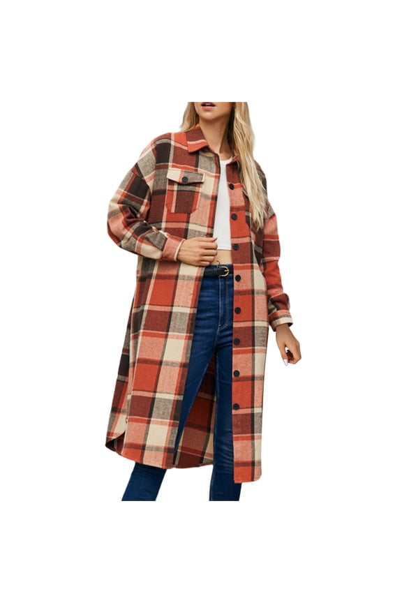 Womens Long Plaid Shacket Jacket Button Down Long Sleeve Lapel Collar Trench Coat Fashion Retro Loose Fit Outerwear