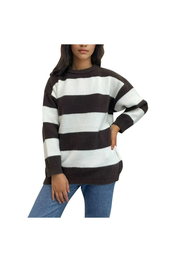 Womens Oversized Knitted Sweater Casual Long Sleeve Color Block Striped Shirts Fall Preppy Crewneck Pullover Tops