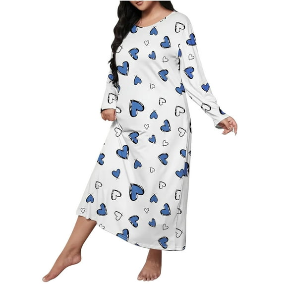 Drses Womens Plus Size Nightgown Heart Graphics Long Sleeve CrewNeck Loose Sleepshirts Maxi Dress Women's Casual Dresses