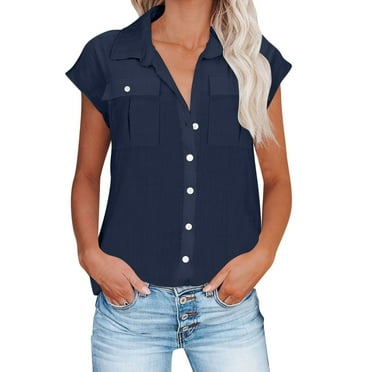 Drses Womens Short Sleeve Shirts V Neck Collared Button Down Shirt Tops with Pockets Short Sleeve Shirts for Women