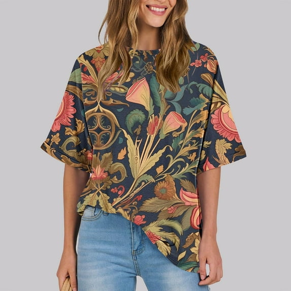 Drses Womens Short Sleeve Tops Floral Print Vintage Fashion Casual Loose with Round Neck Plus Size Shirts
