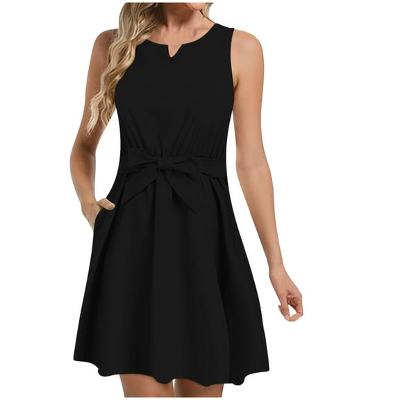 Drses Womens Sleeveless Waist Tied Dress Solid Color Crew Necked Casual Fashion Summer Ladies Dress