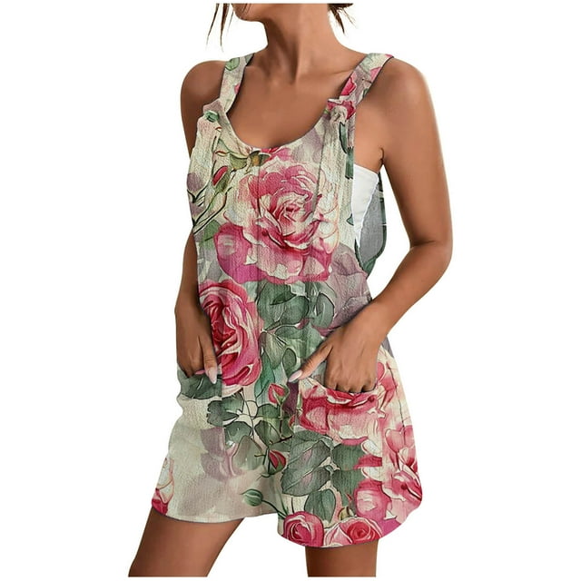Drses Womens Summer Casual Loose Tank Romper Sleeveless Crewneck Jumpsuit Shorts Romper with Pockets