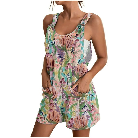 Drses Womens Summer Casual Loose Tank Romper Sleeveless Crewneck Jumpsuit Shorts Romper with Pockets