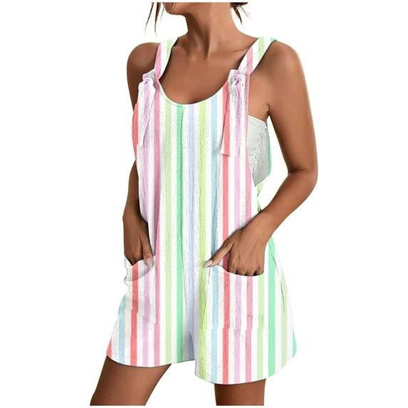 Drses Womens Summer Casual Suspender Printing Sleeveless Romper Loose Spaghetti Strap Shorts Overalls Jumpsuit with Pockets