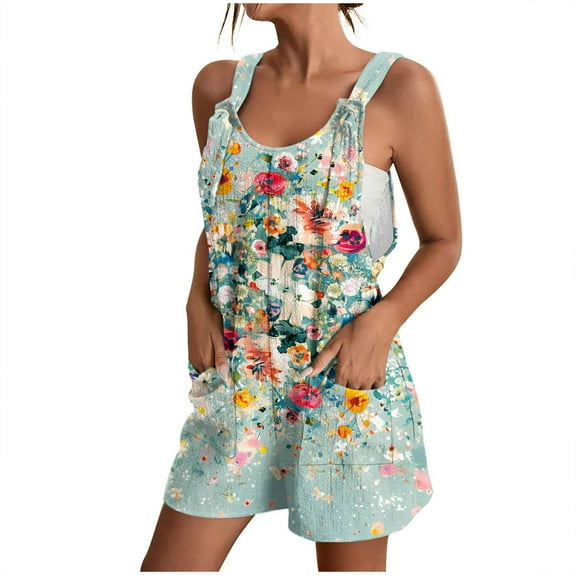 Drses Womens Summer Casual Suspender Printing Sleeveless Romper Loose Spaghetti Strap Shorts Overalls Jumpsuit with Pockets