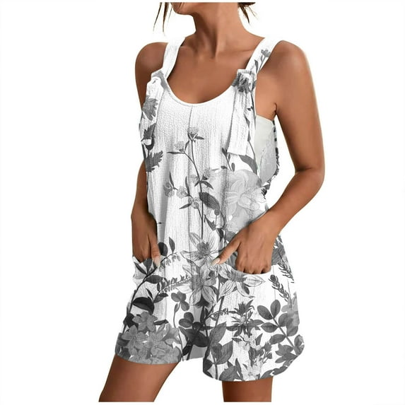 Drses Womens Summer Casual Suspender Printing Sleeveless Romper Loose Spaghetti Strap Shorts Overalls Jumpsuit with Pockets