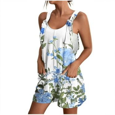 Drses Womens Summer Casual Suspender Printing Sleeveless Romper Loose Spaghetti Strap Shorts Overalls Jumpsuit with Pockets