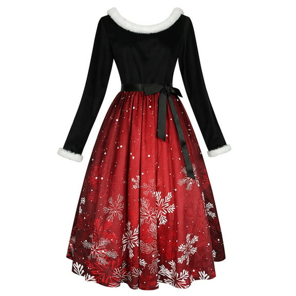 Drses Womens Summer Dresses Christmas Printed Dress Family Party Costume With Belt Long Sleeved Round Neck Dress Summer Dresses For Women