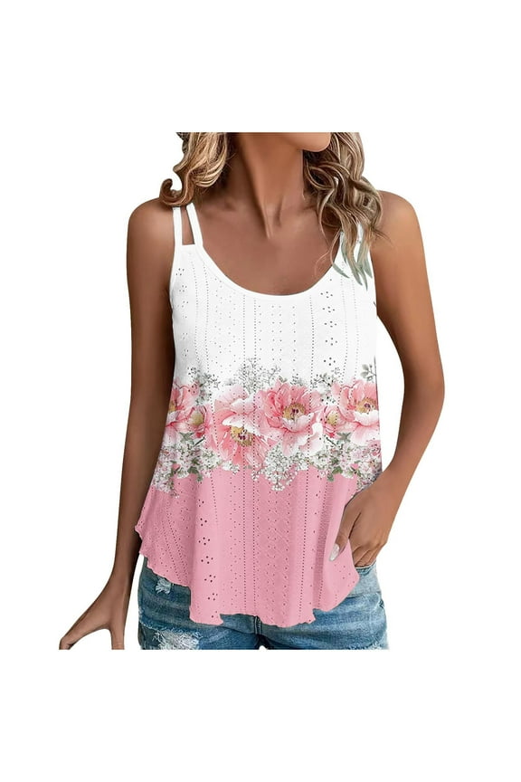 Womens Summer Floral Eyelet Embroidery Tank Tops Loose Fit Scoop Neck Sleeveless Tops Spaghetti Strap Camisole Shirts