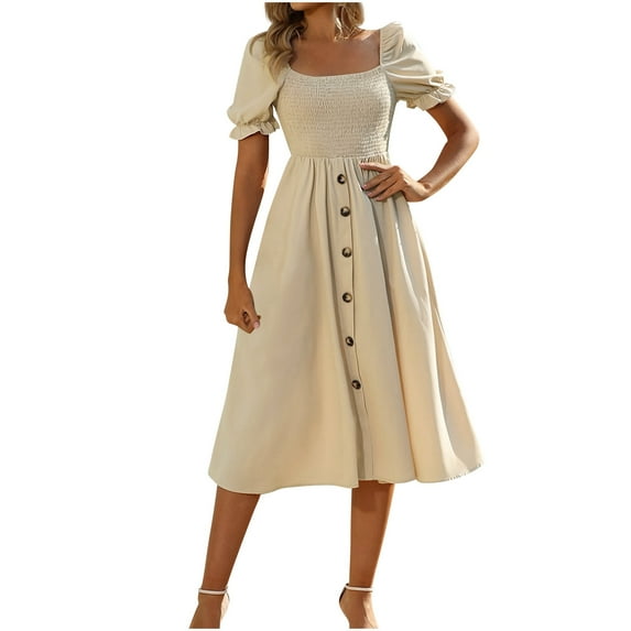 Drses Womens Summer Puffy Short Sleeve Square Neck Smocked Tiered Ruffle Midi Dress