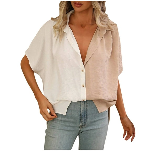 Drses Womens Summer Tops Fashion Women's Casual Solid V-neck Short Sleeved Button Turndown Collar Top Blouse Tops for Women Trendy