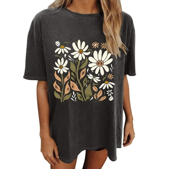 Drses Womens Summer Tops Oversized Tshirt Flower Graphic Tees Short Sleeve Shirts Summer Casual Loose Flower Plant Shirts Tops