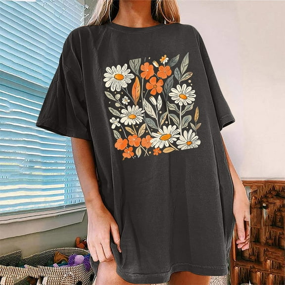 Drses Womens Summer Tops Oversized Tshirt Flower Graphic Tees Short Sleeve Shirts Summer Casual Loose Flower Plant Shirts Tops
