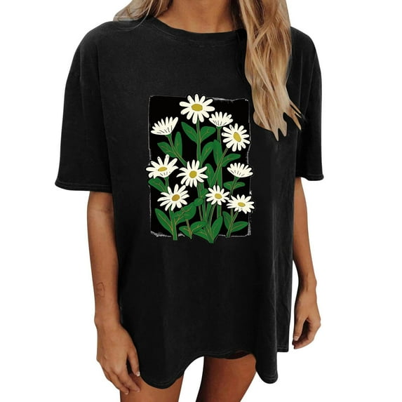 Drses Womens Summer Tops Oversized Tshirt Flower Graphic Tees Short Sleeve Shirts Summer Casual Loose Flower Plant Shirts Tops