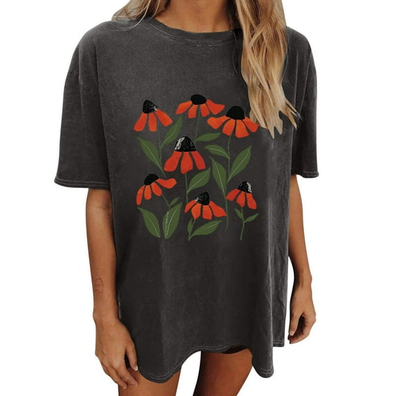 Drses Womens Summer Tops Oversized Tshirt Flower Graphic Tees Short Sleeve Shirts Summer Casual Loose Flower Plant Shirts Tops