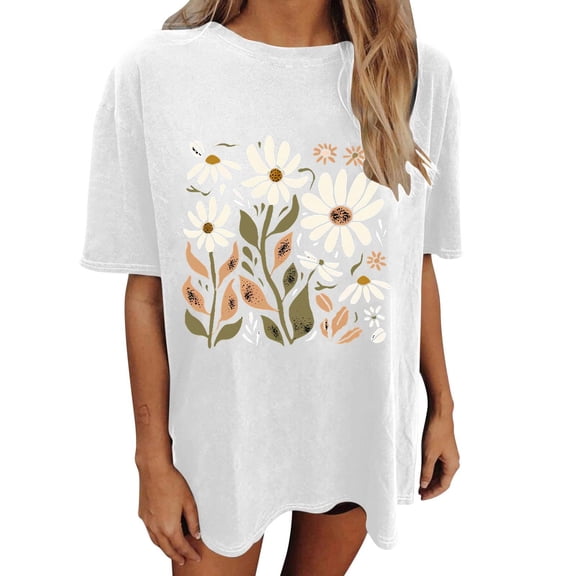 Drses Womens Summer Tops Oversized Tshirt Flower Graphic Tees Short Sleeve Shirts Summer Casual Loose Flower Plant Shirts Tops