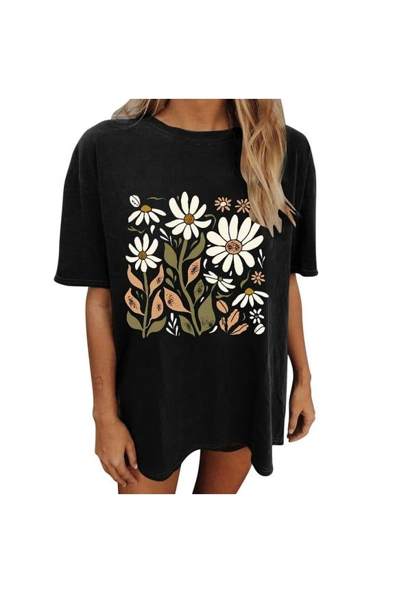 Womens Summer Tops Oversized Tshirt Flower Graphic Tees Short Sleeve Shirts Summer Casual Loose Flower Plant Shirts Tops