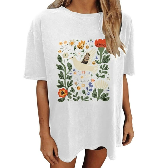 Drses Womens Summer Tops Oversized Tshirt Flower Graphic Tees Short Sleeve Shirts Summer Casual Loose Flower Plant Shirts Tops