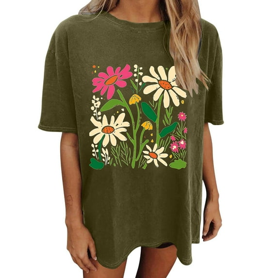Drses Womens Summer Tops Oversized Tshirt Flower Graphic Tees Short Sleeve Shirts Summer Casual Loose Flower Plant Shirts Tops