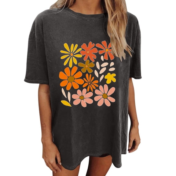 Drses Womens Summer Tops Oversized Tshirt Flower Graphic Tees Short Sleeve Shirts Summer Casual Loose Flower Plant Shirts Tops