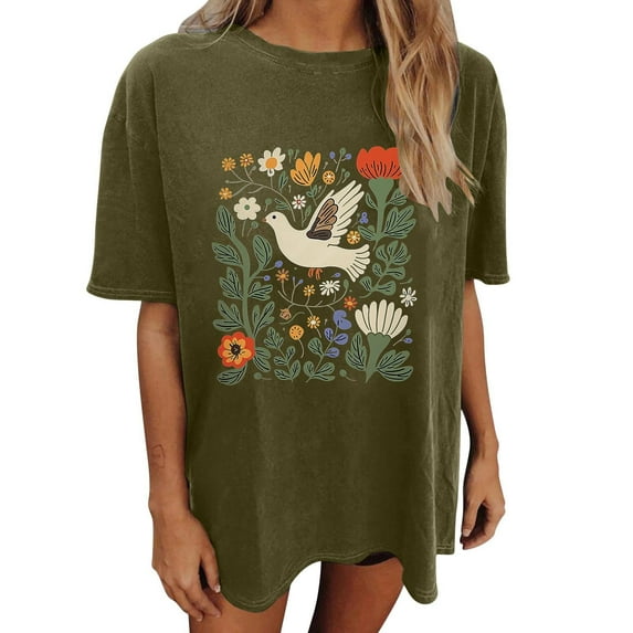 Drses Womens Summer Tops Oversized Tshirt Flower Graphic Tees Short Sleeve Shirts Summer Casual Loose Flower Plant Shirts Tops