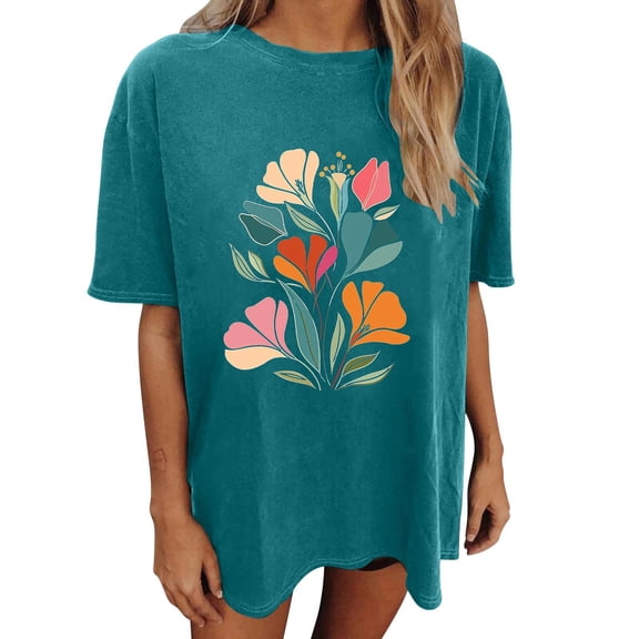 Drses Womens Summer Tops Oversized Tshirt Flower Graphic Tees Short Sleeve Shirts Summer Casual Loose Flower Plant Shirts Tops