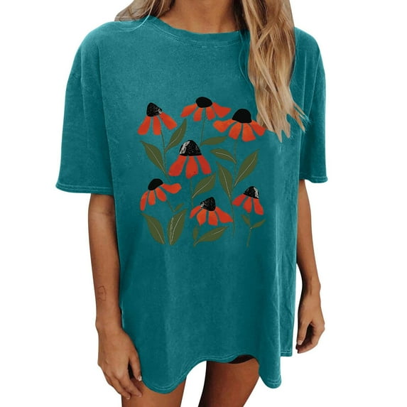Drses Womens Summer Tops Oversized Tshirt Flower Graphic Tees Short Sleeve Shirts Summer Casual Loose Flower Plant Shirts Tops