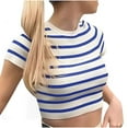 thumbnail image 1 of Drses Womens Summer Tops Striped Print Knit Short Sleeve Slim Fitted Crop Tee Top, 1 of 6