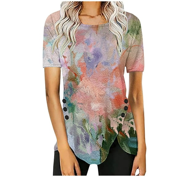 Drses Womens Summer Tops Women's Casual Round Neck Button Printed Short Sleeve Blouse Tops for Women Trendy