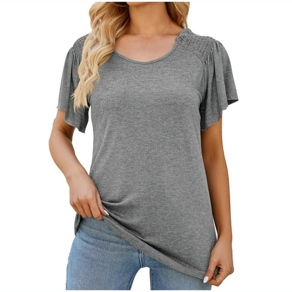 Drses Womens Summer Tops Women's Casual Solid Color Round Neck Ruffled Sleeve T-shirt Short Sleeved Top Womens Tops