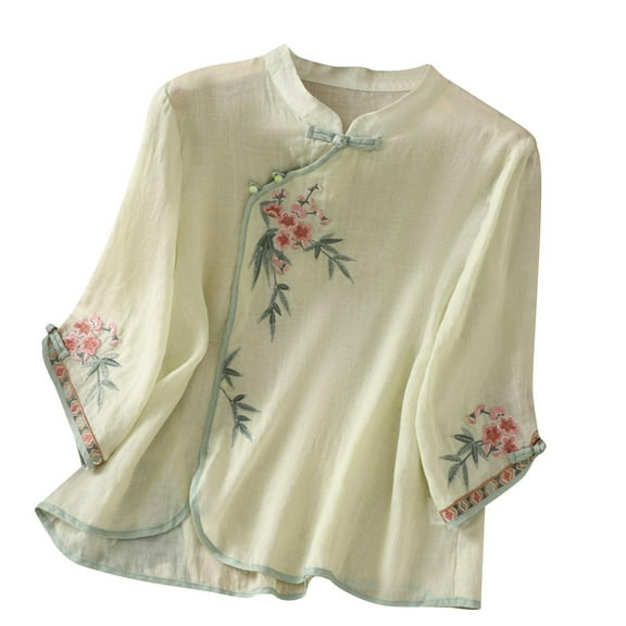 Drses Womens Summer Tops Women's Embroidered Cotton And Linen Standing Collar Slanted Collar Button 3/4 Sleeved Top Tops for Women Trendy