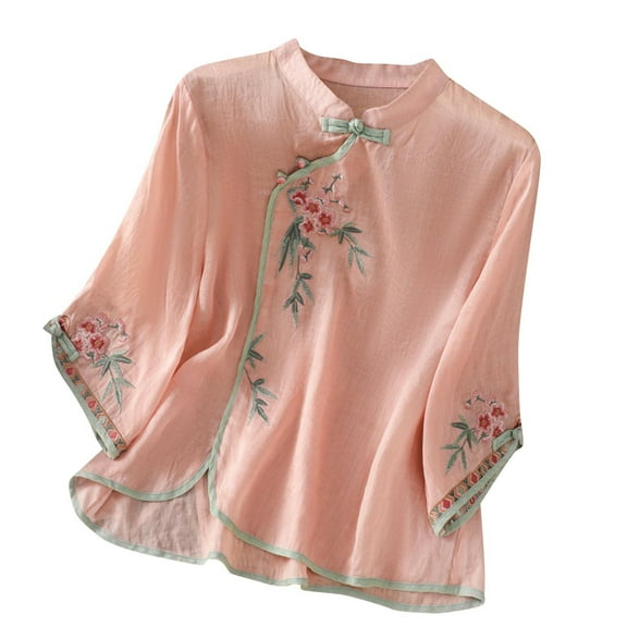 Drses Womens Summer Tops Women's Embroidered Cotton And Linen Standing Collar Slanted Collar Button 3/4 Sleeved Top Tops for Women Trendy