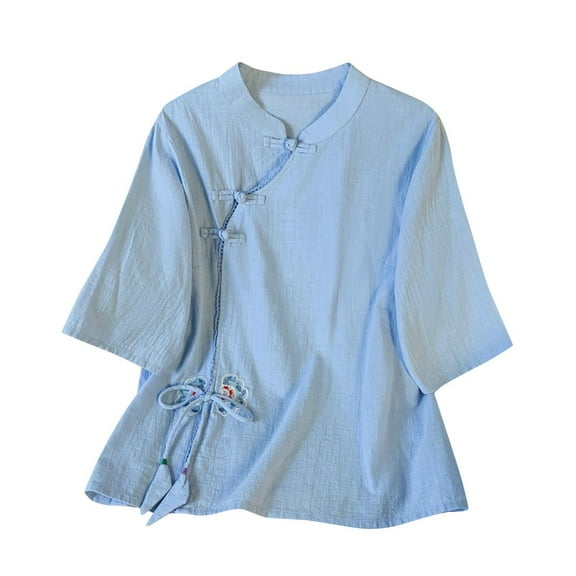 Drses Womens Summer Tops Women's Embroidered Cotton And Linen Standing Collar Slanted Collar Button Quarter Sleeved Top Tops for Women Trendy