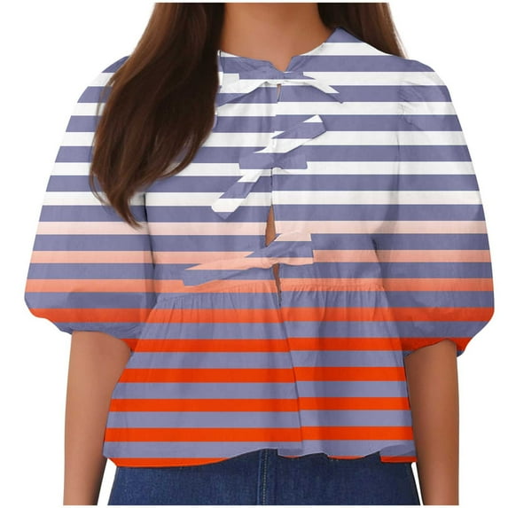 Drses Womens Summer Tops Women's Lantern Sleeve Tie Pleated Short Round Neck T-shirt Top Tops for Women Trendy
