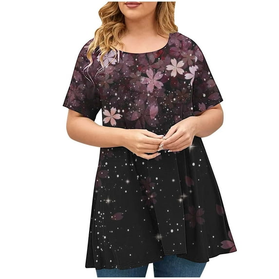 Drses Womens Summer Tops Women's Plus Size Top Short Sleeved Basic Printed Casual Round Neck T-shirt Wide Hem Large Cotton Shirt Tops for Women Trendy