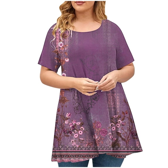 Drses Womens Summer Tops Women's Plus Size Top Short Sleeved Basic Printed Casual Round Neck T-shirt Wide Hem Large Cotton Shirt Tops for Women Trendy