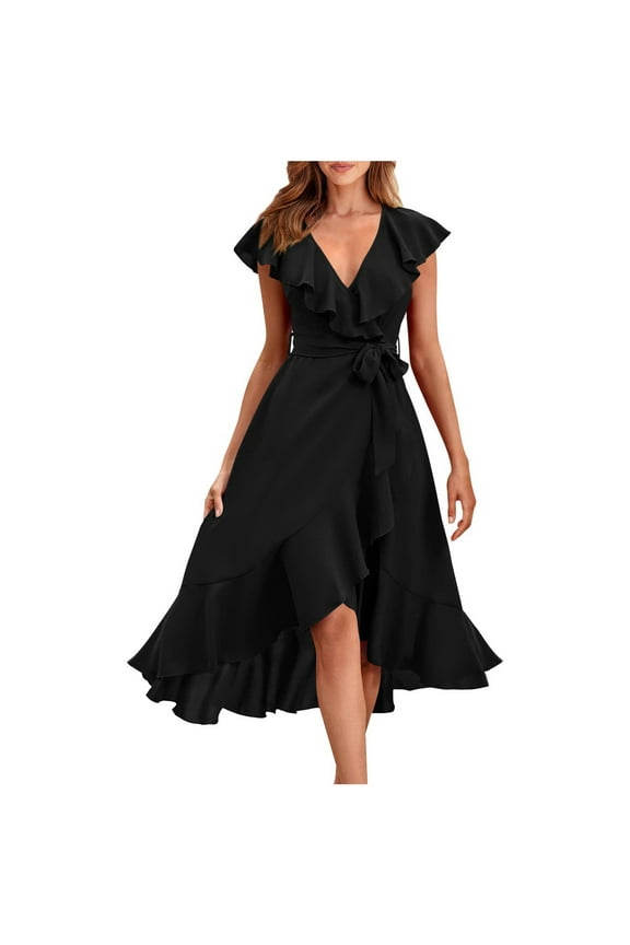 Womens Summer Wrap V Neck Split Party Dress Ruffle Short Sleeve Midi Dress With Belt