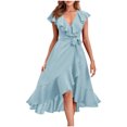 thumbnail image 1 of Drses Womens Summer Wrap V Neck Split Party Dress Ruffle Short Sleeve Midi Dress With Belt, 1 of 8