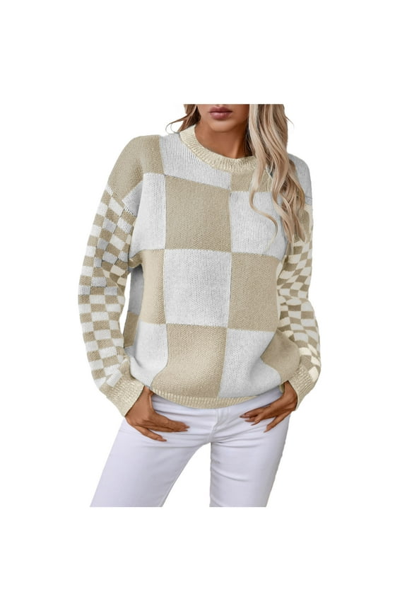 Womens Sweaters Fall Fashion Cable Knit Checkered Oversized Sweater Tops
