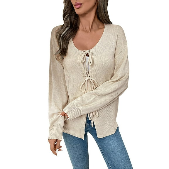Drses Womens Tie Front Cardigan Sweaters Cute Bow Puff Long Sleeve Fall Loose Ribbed Knit Trendy Sweater Tops