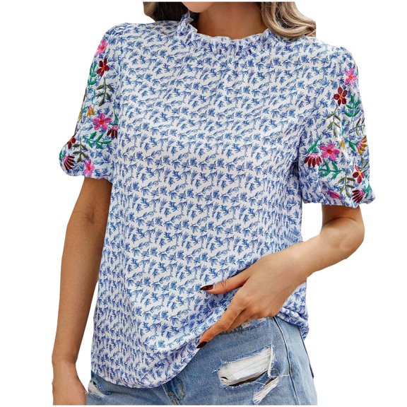 Drses Womens Tops Dressy Casual Fashion Women's Casual Print Stand-up Collar Top Short Sleeve Blouse Womens Summer Tops