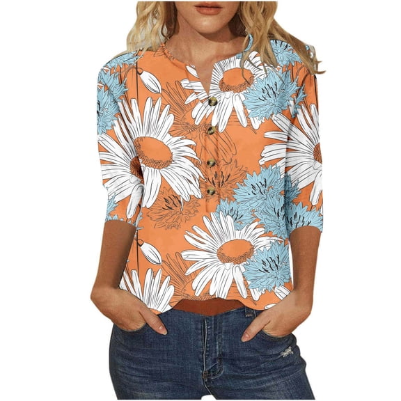 Drses Womens Tops Dressy Casual Women's Printed Button 3/4 Sleeve T-shirt Loose Top Womens Summer Tops