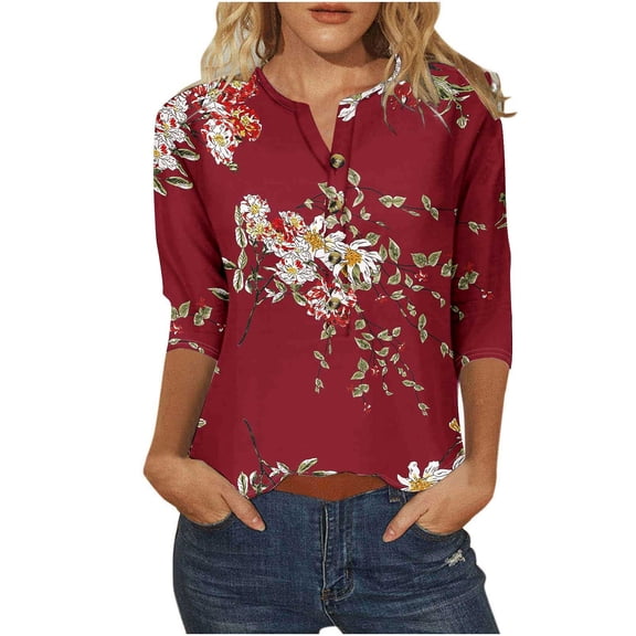 Drses Womens Tops Dressy Casual Women's Printed Button 3/4 Sleeve T-shirt Loose Top Womens Summer Tops