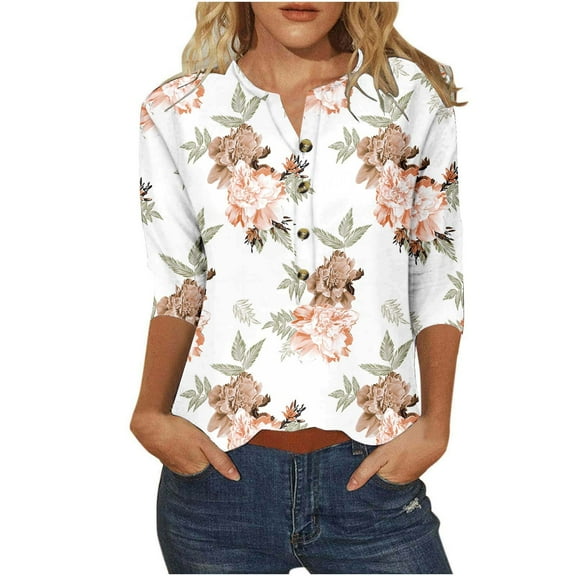 Drses Womens Tops Dressy Casual Women's Printed Button 3/4 Sleeve T-shirt Loose Top Womens Summer Tops