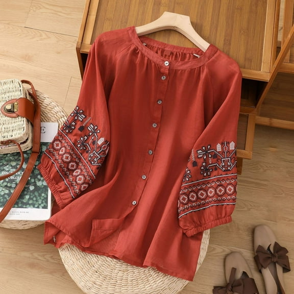 Drses Womens Tops Dressy Casual Womens Printed Embroidery Casual Loose Fashion T-Shirt Short Sleeve Tops Cotton And Linen Blouse Womens Summer Tops