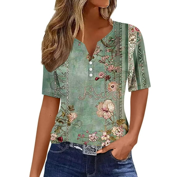 Drses Womens Tops Summer Casual Striped Color Block Short Sleeve Button V Neck Blouses Spring Dressy Loose Fit T Shirts