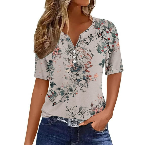 Drses Womens Tops Summer Casual Striped Color Block Short Sleeve Button V Neck Blouses Spring Dressy Loose Fit T Shirts